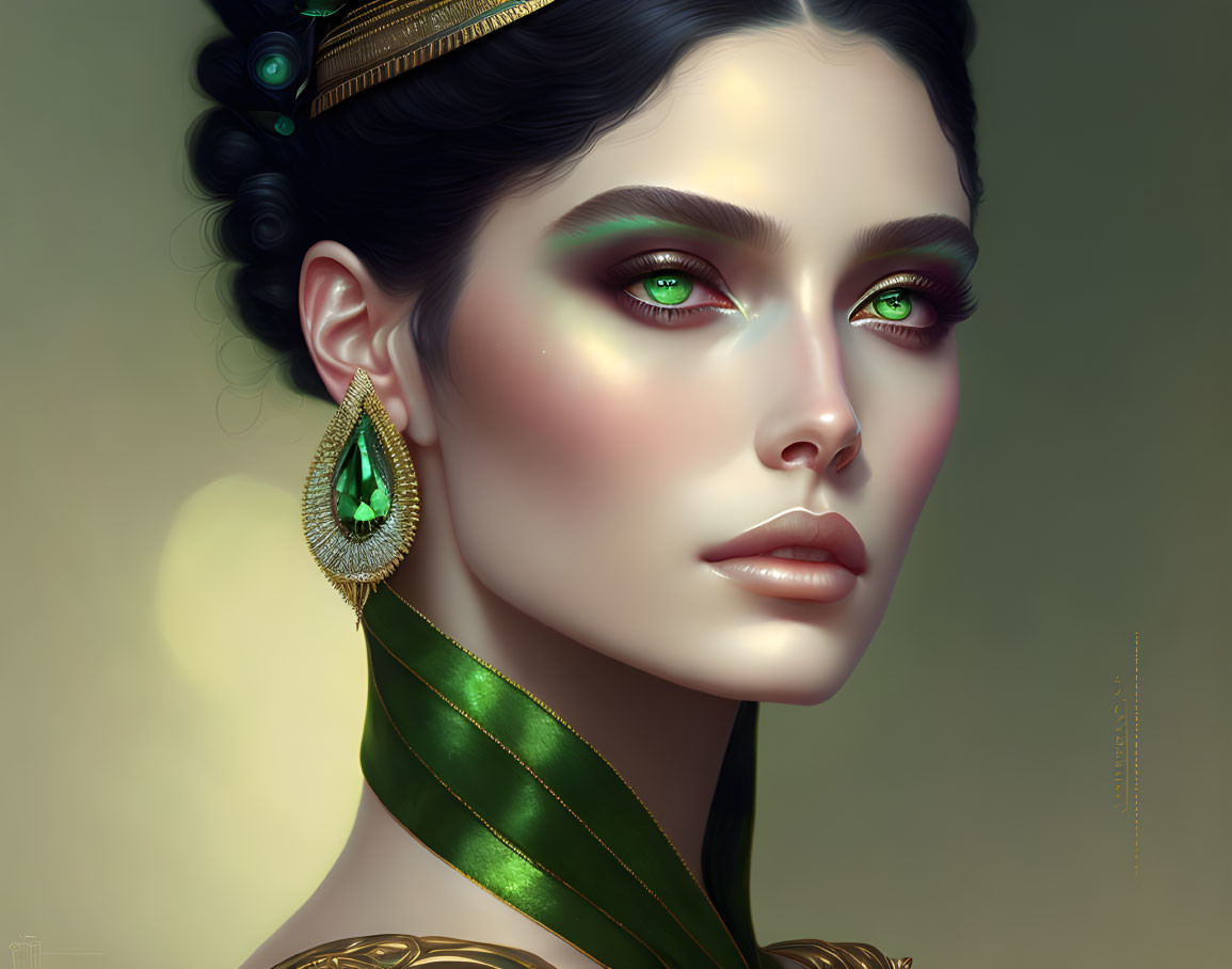 Portrait of a woman with green eyes and elegant accessories