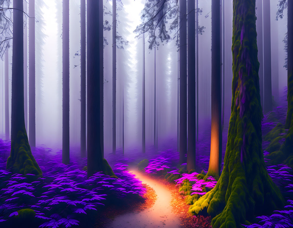 Vibrant purple ground foliage, emerald green moss, and soft fog in mystical forest path