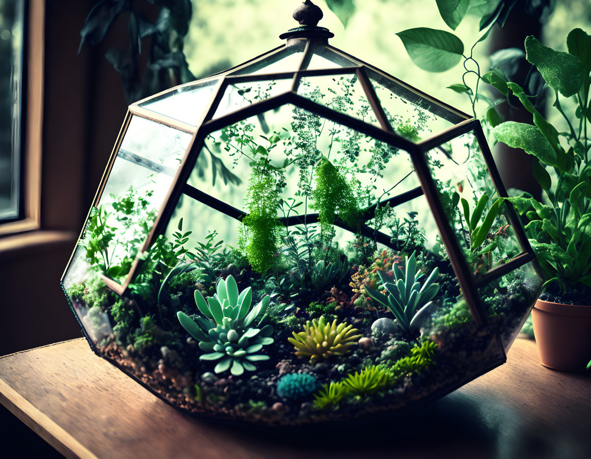 Geometric glass terrarium with lush succulents and plants on wooden surface