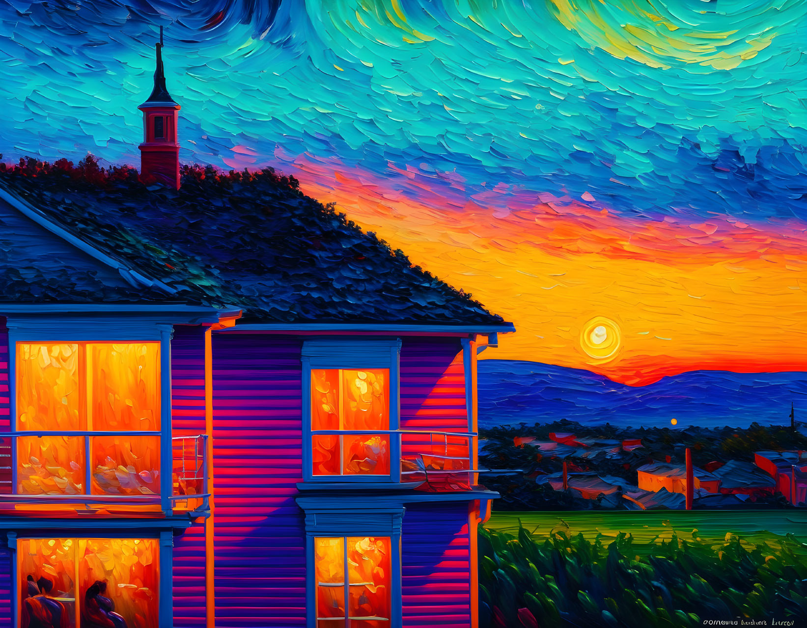 Colorful sunset painting with illuminated house windows and swirling sky.