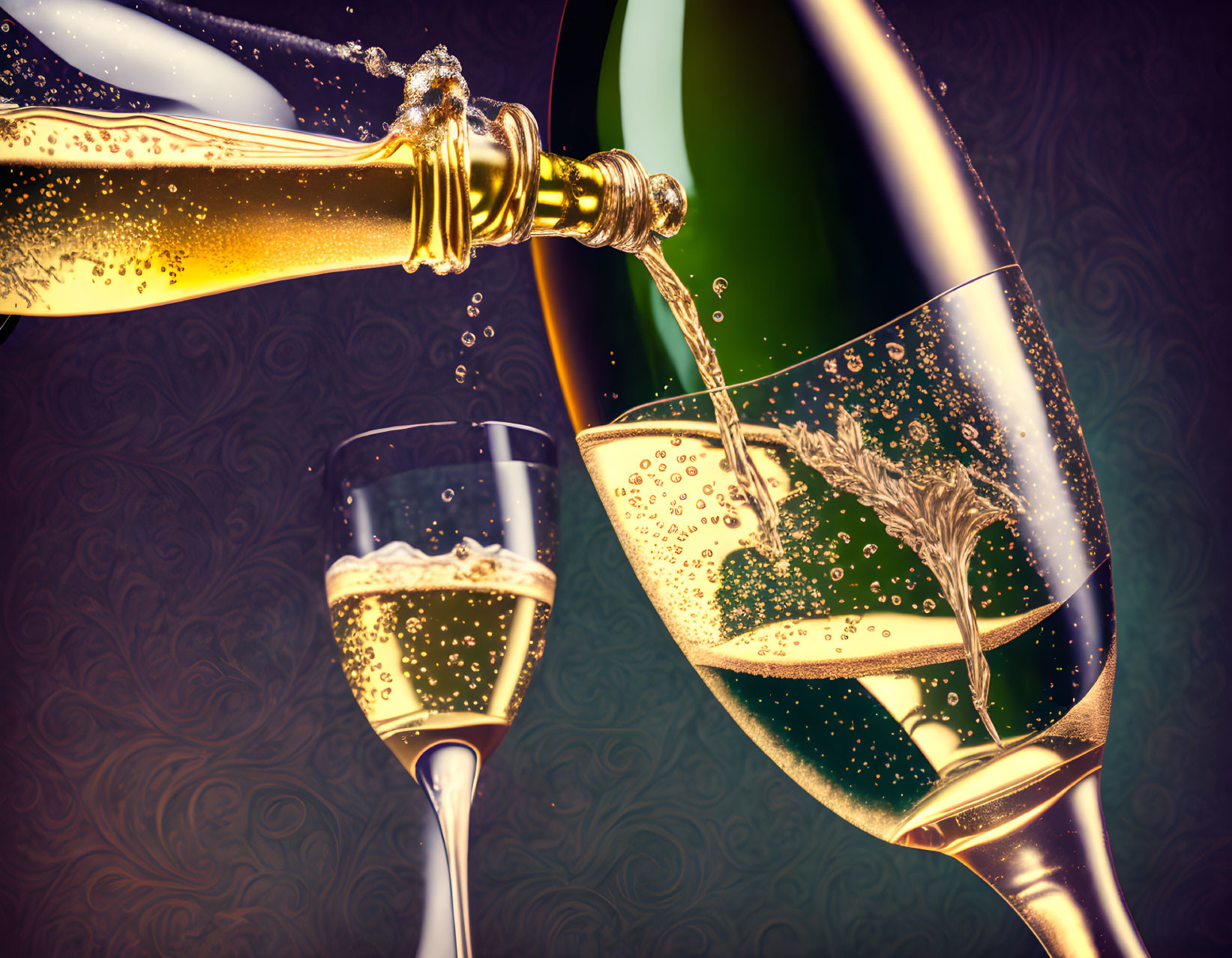 Champagne poured into flutes on elegant dark background