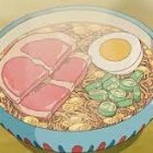 Illustrated bowl of ramen with pork, egg, and greens, chopsticks, and coins.