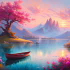 Scenic sunset landscape with pink trees, lake, boats, flowers & mountains