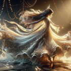 Woman in flowing dress with starry pattern in mystical, glowing setting