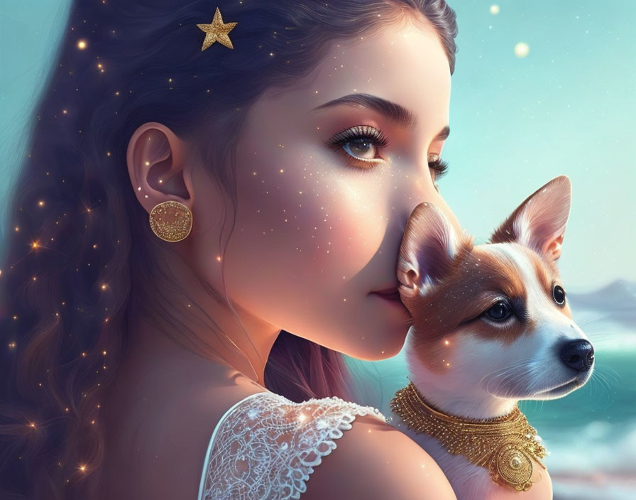 Digital artwork: Woman with starry hair embracing corgi on beach