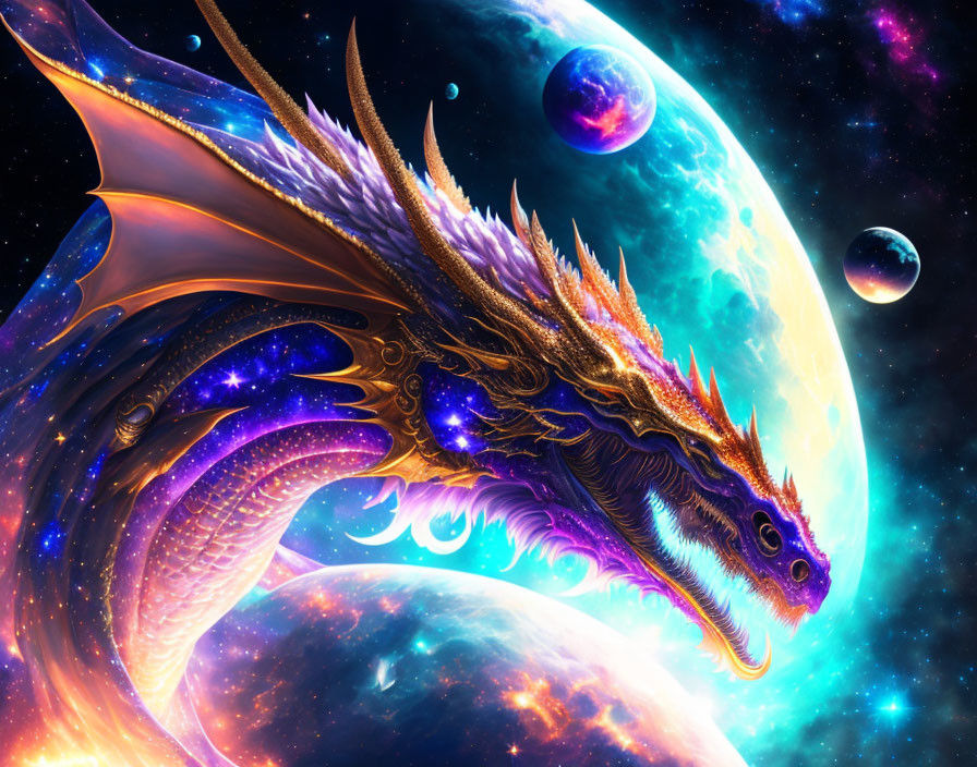 Majestic dragon with gold and purple scales in cosmic scene