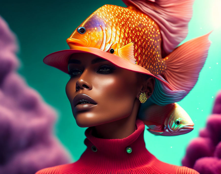 Colorful surreal portrait: woman with goldfish hat & floating fish