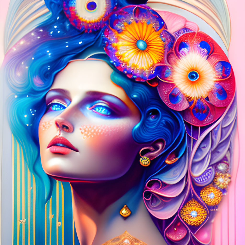 Colorful digital artwork: Woman's side profile with blue hair and flowers