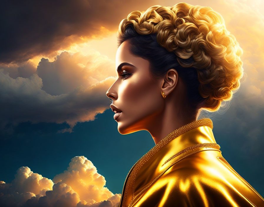 Profile of woman with gold hair & jacket against cloudy sky