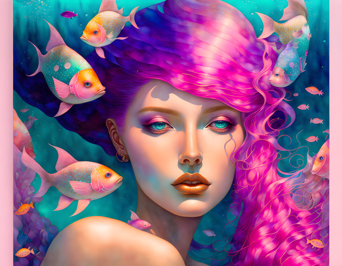 Surreal portrait of woman with purple hair and ocean wave-like design, surrounded by colorful fish on