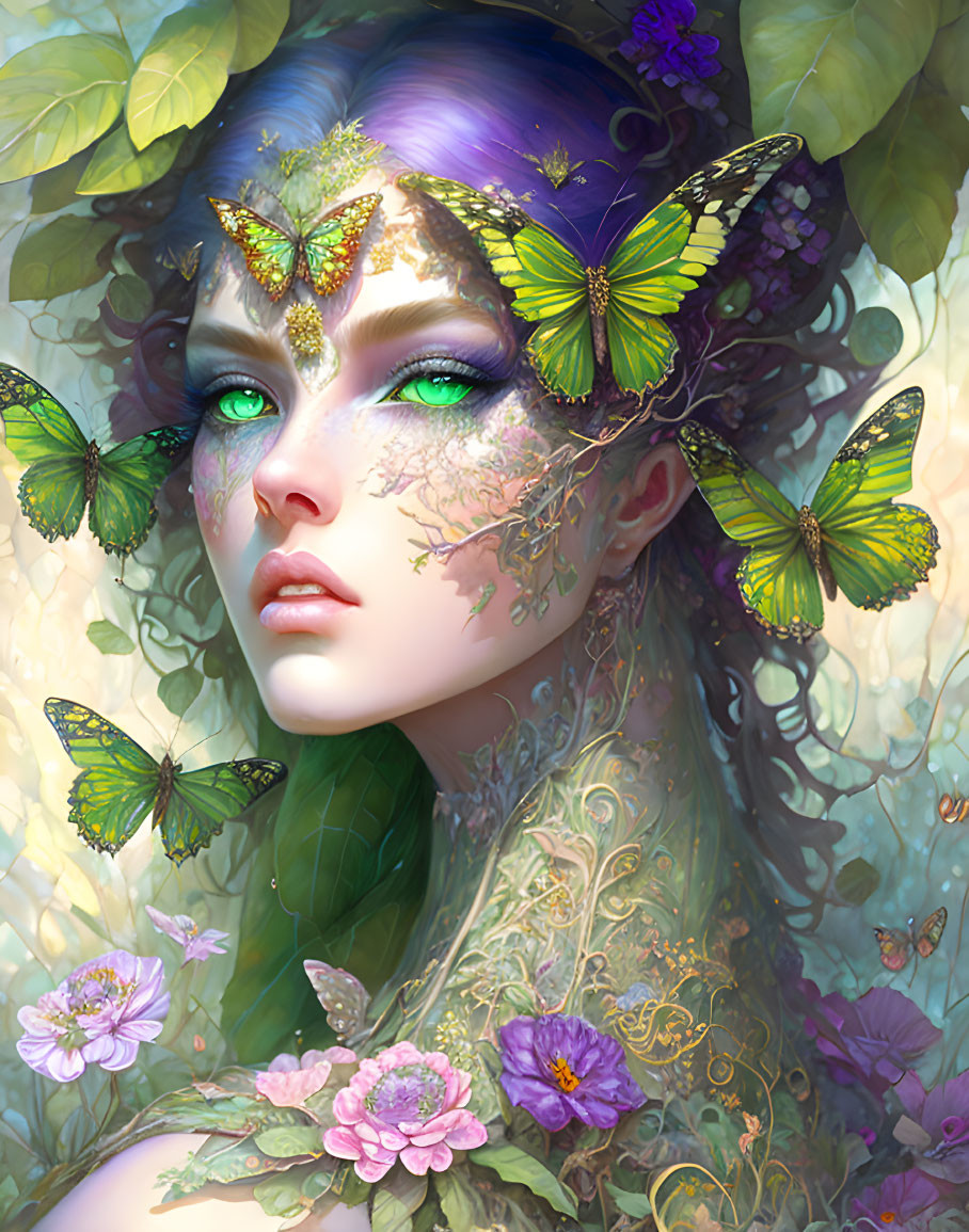 Fantasy portrait of woman with violet hair and floral patterns in nature