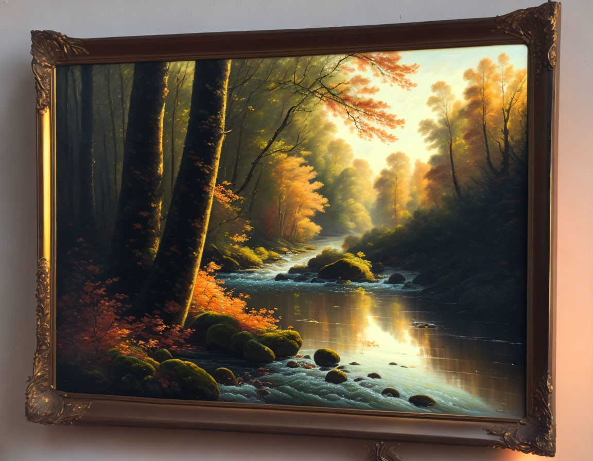 Tranquil forest scene with stream and autumn foliage in framed painting