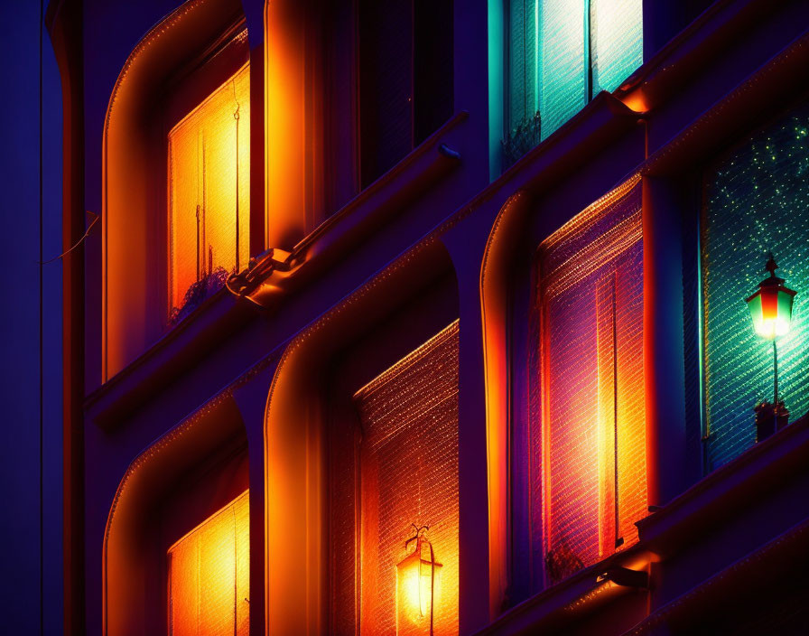 Vibrant night scene: illuminated building facades in warm orange and cool blue hues, glowing street