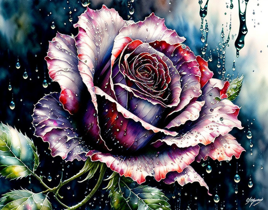 Vibrant purple and pink rose with raindrops on petals against dark backdrop