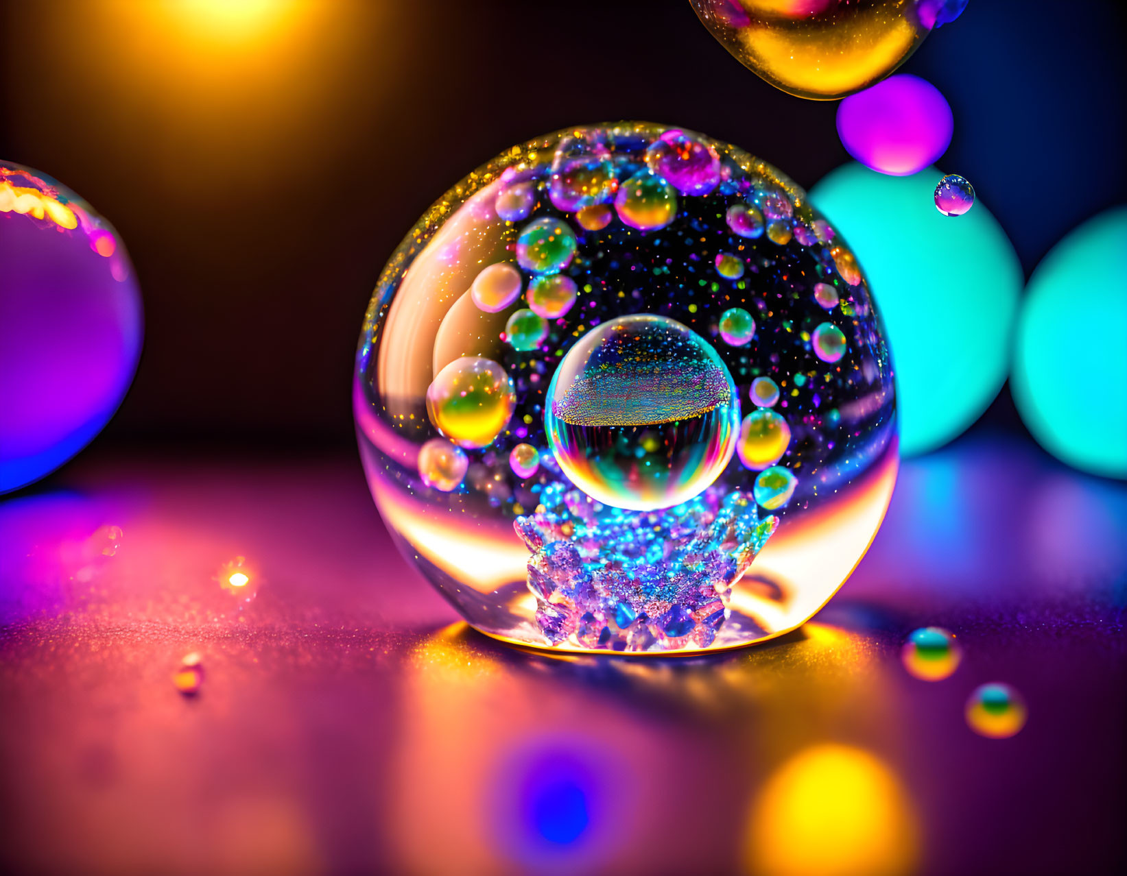 Colorful Crystal Ball with Bubbles Reflecting Bokeh Lights