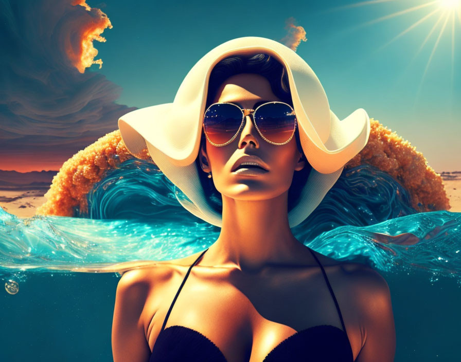 Woman in Sunglasses and Wide-Brimmed Hat Against Surreal Background