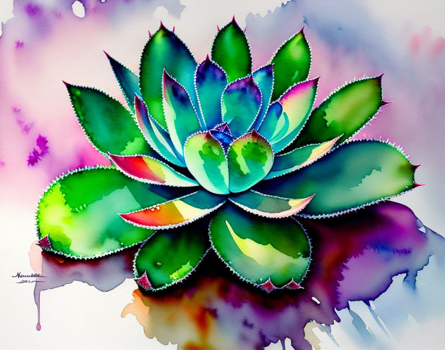 Colorful Watercolor Painting of Succulent with Green, Blue, and Red Hues