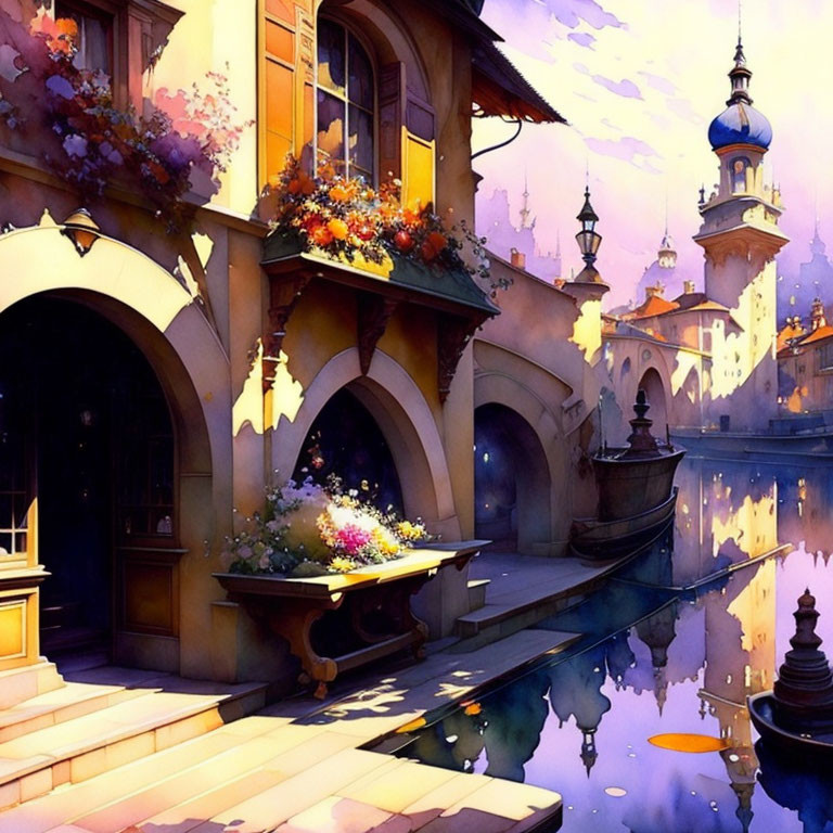 Colorful Venetian-style canal painting with buildings, flowers, boat, and sunset reflection.