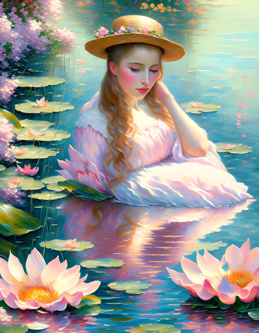 Woman in Straw Hat Sitting Among Water Lilies on Calm Water