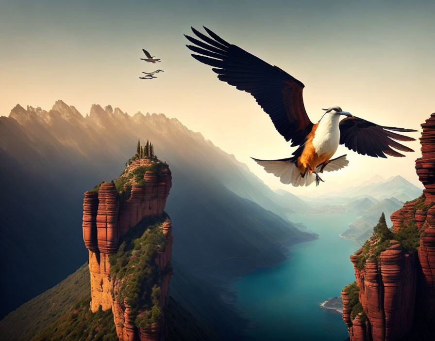 Majestic eagle soaring over serene river and red cliffs