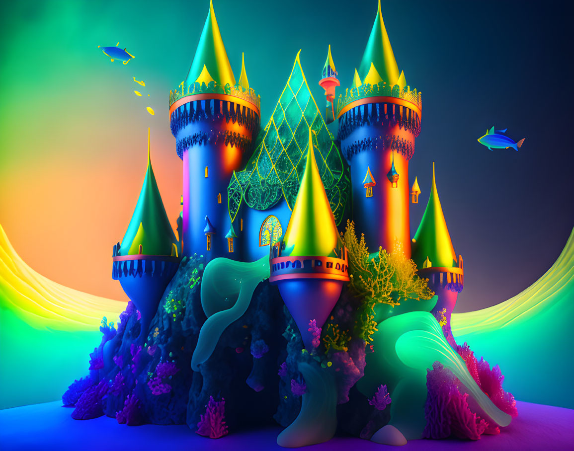 Fantasy castle in neon colors surrounded by marine life under celestial sky