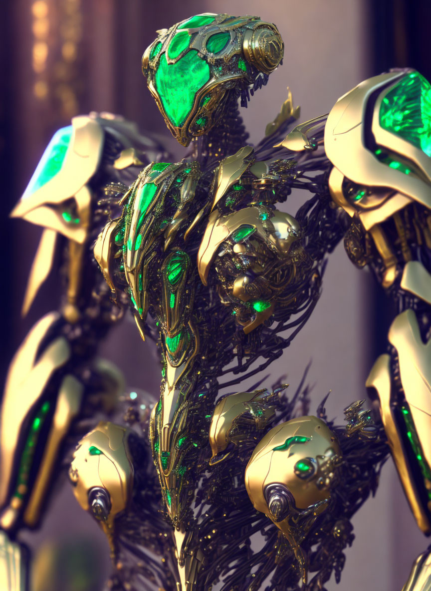 Detailed Shiny Green and Gold Robotic Figure with Complex Mechanical Structure and Intricate Designs