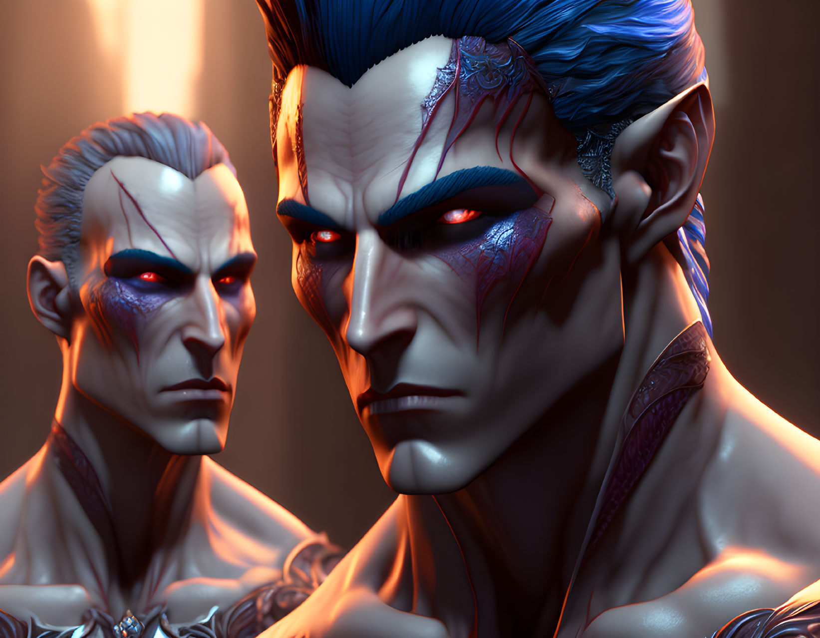 Blue-skinned male figures with intricate markings, one fierce and one blurred in the background