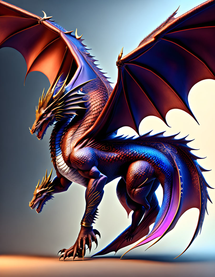 Majestic two-headed dragon with blue and orange scales and large wings.