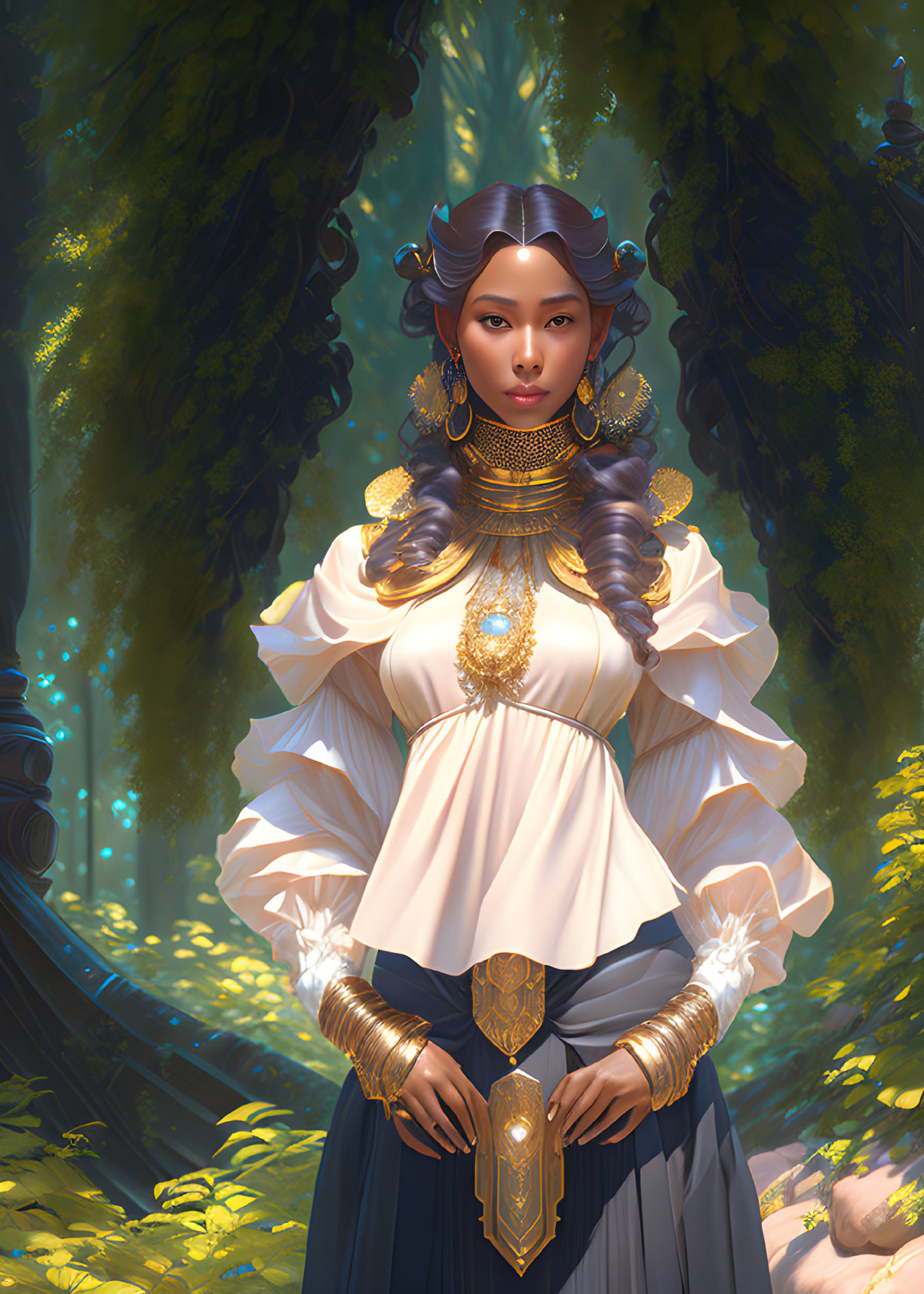 Regal woman in elegant dress with gold jewelry in sunlit forest.