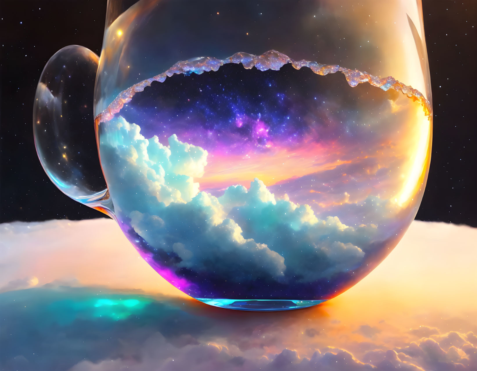 Transparent coffee cup with cosmic scene: clouds, galaxy-filled sky, and stars, creating surreal landscape.