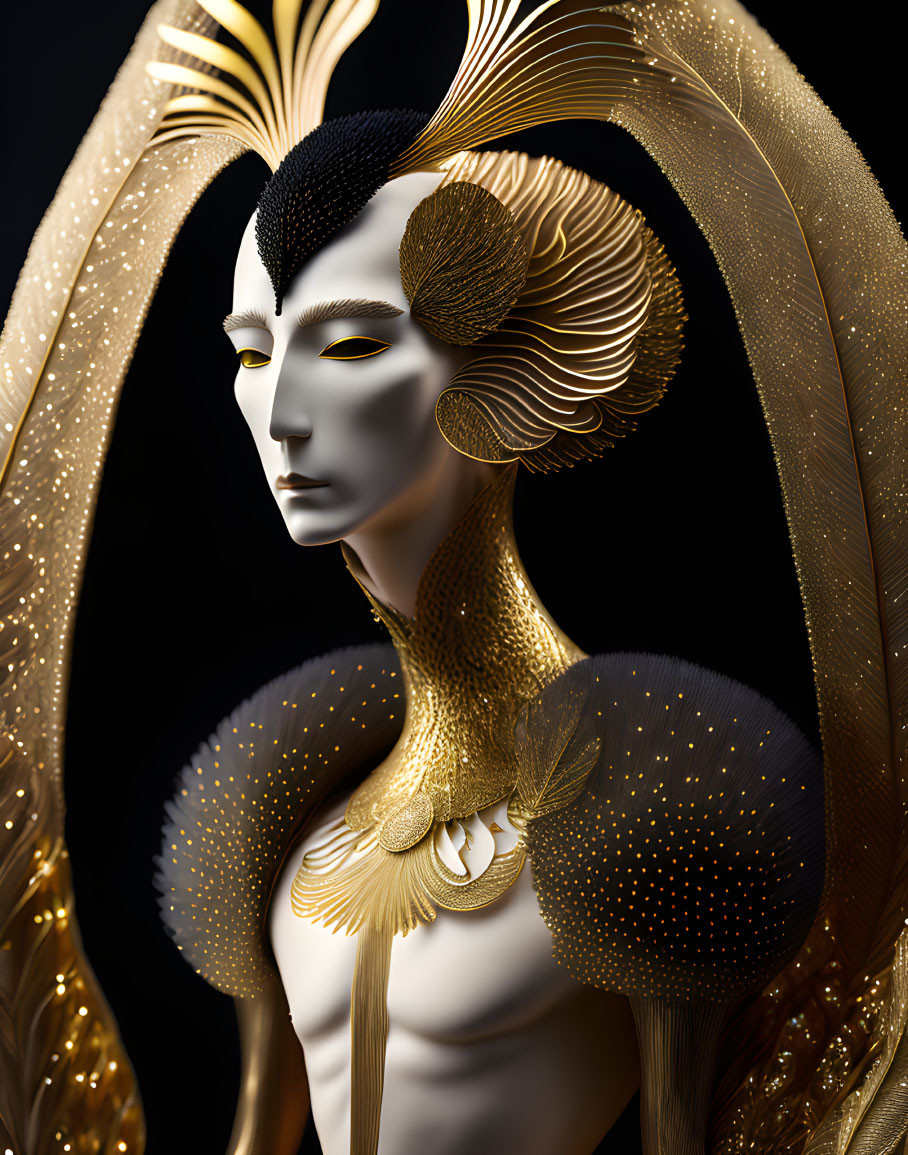 Golden ornate headdress on humanoid figure with textured skin and shimmering collar against dark background