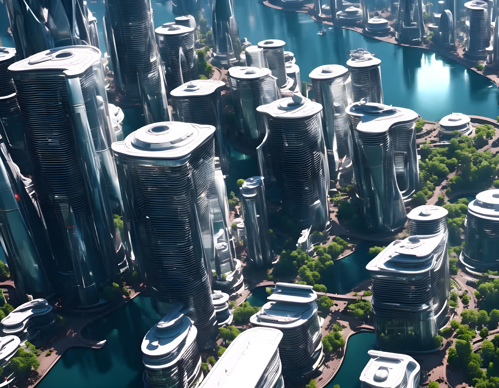 Futuristic cityscape with spiraled skyscrapers near water