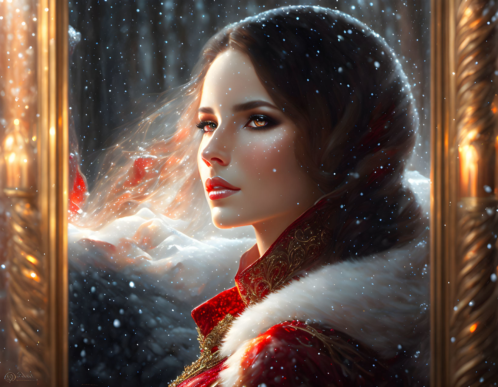 Woman in Red Winter Cloak with White Fur Trim Contemplating Snowfall