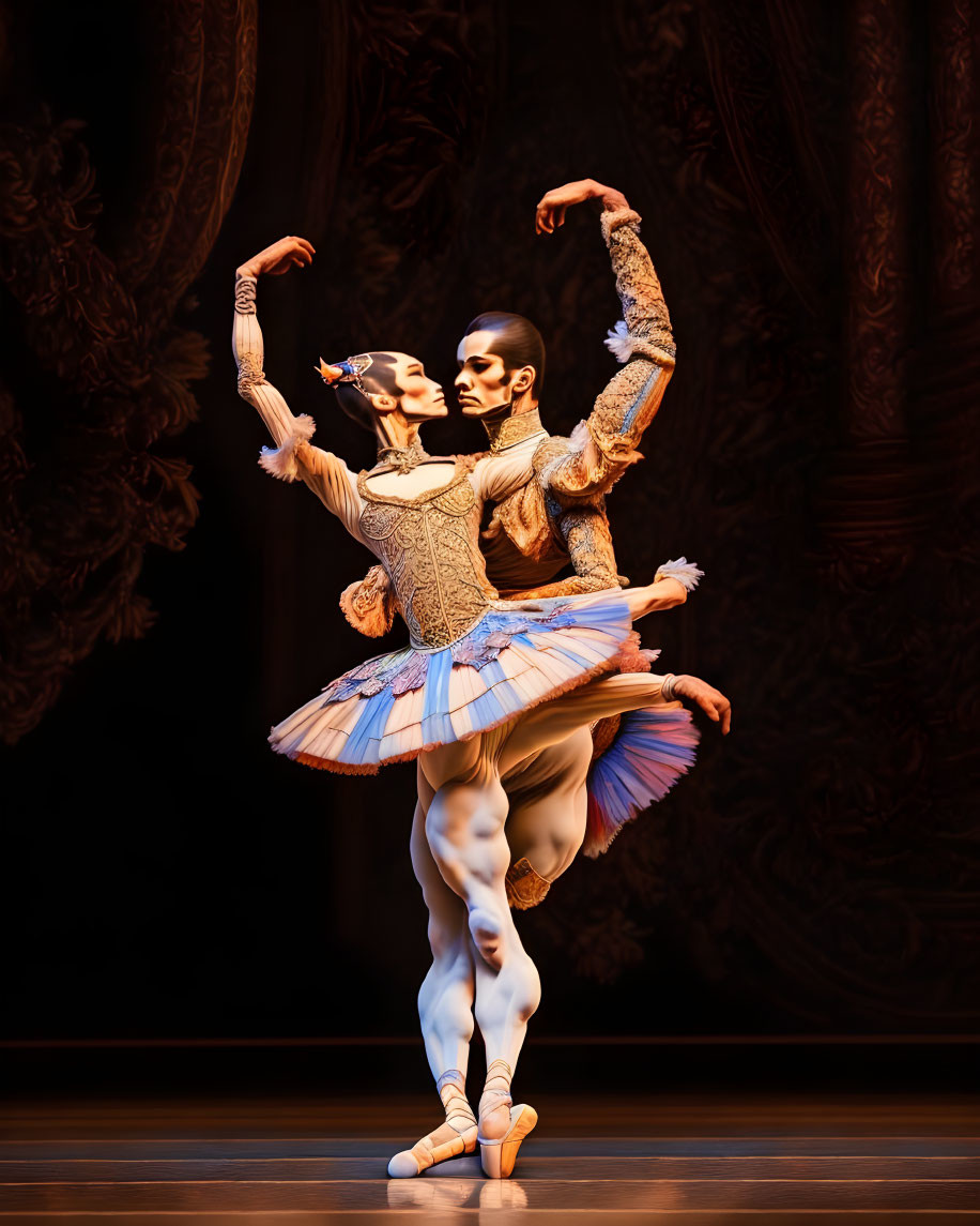 Pair of ballet dancers in ornate costumes on stage with warm backdrop