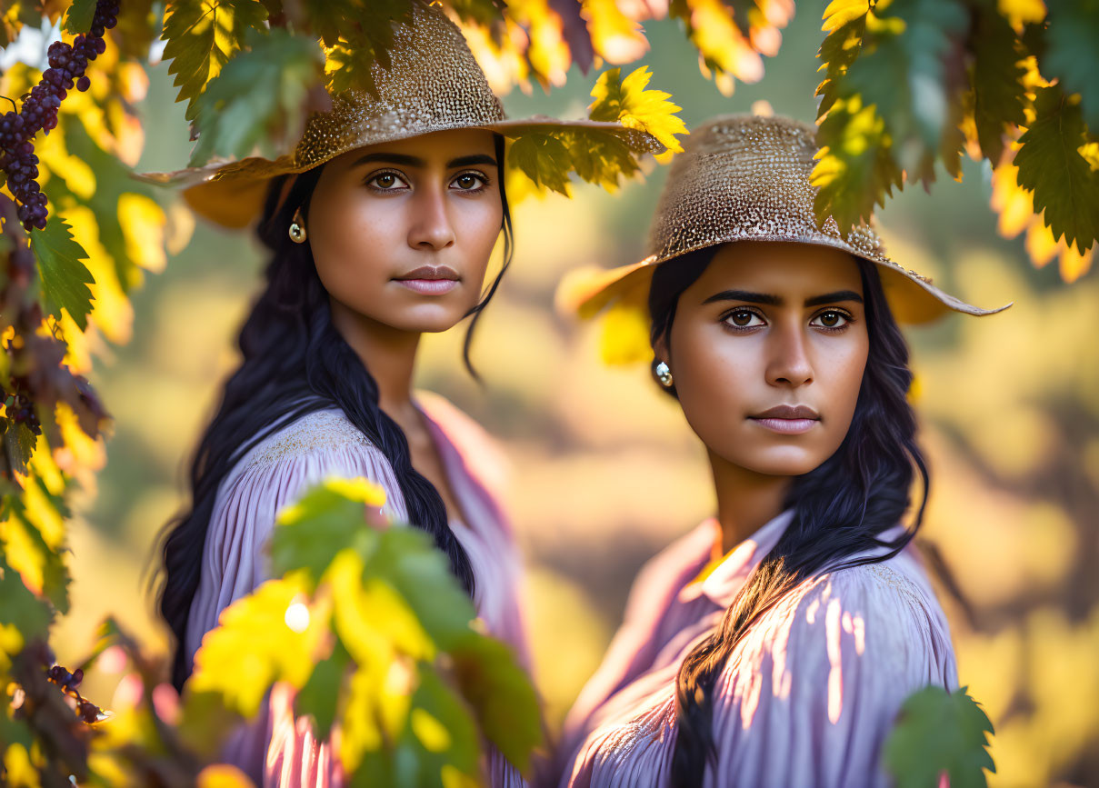 Two women in golden hats surrounded by autumn leaves and colors.