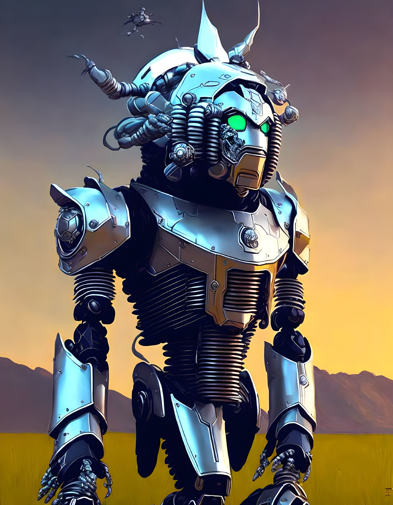 Detailed humanoid robot in sleek silver armor with intricate mechanical designs against a dusk-lit field and mountain backdrop