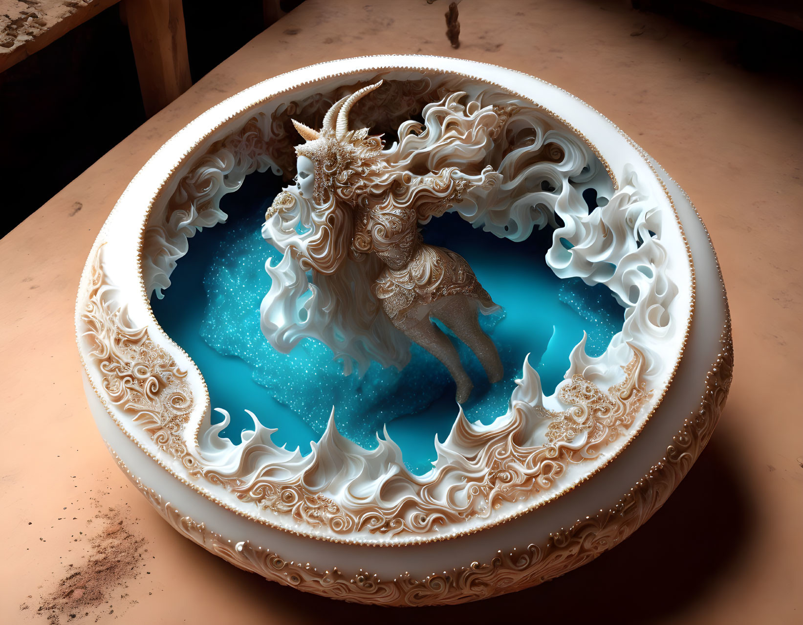 Mythical horse sculpture in ornate circular frame with blue and white textures