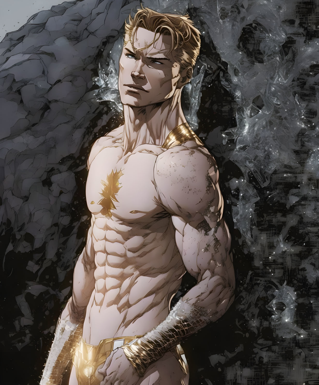 Muscular blond superhero with blue eyes and gold bracelets in icy landscape