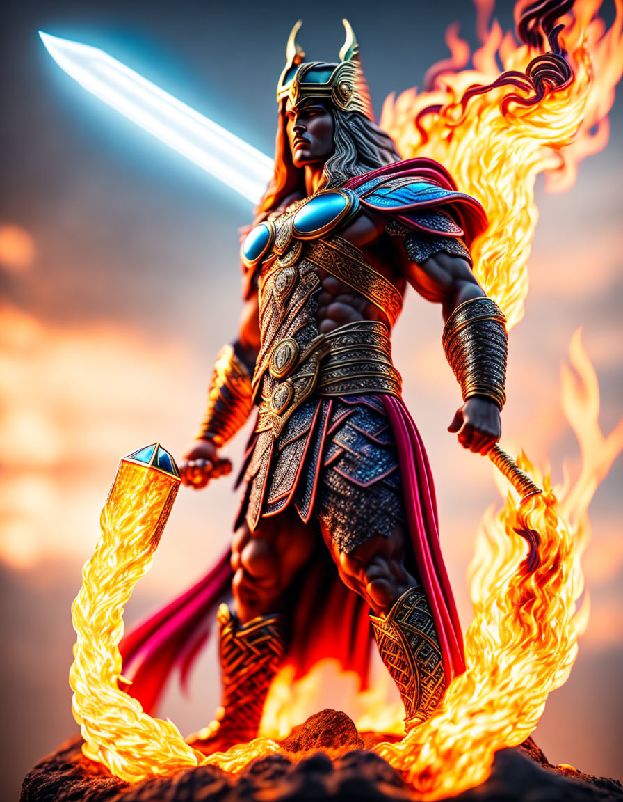 Warrior in Flaming Armor with Sword on Dramatic Backdrop