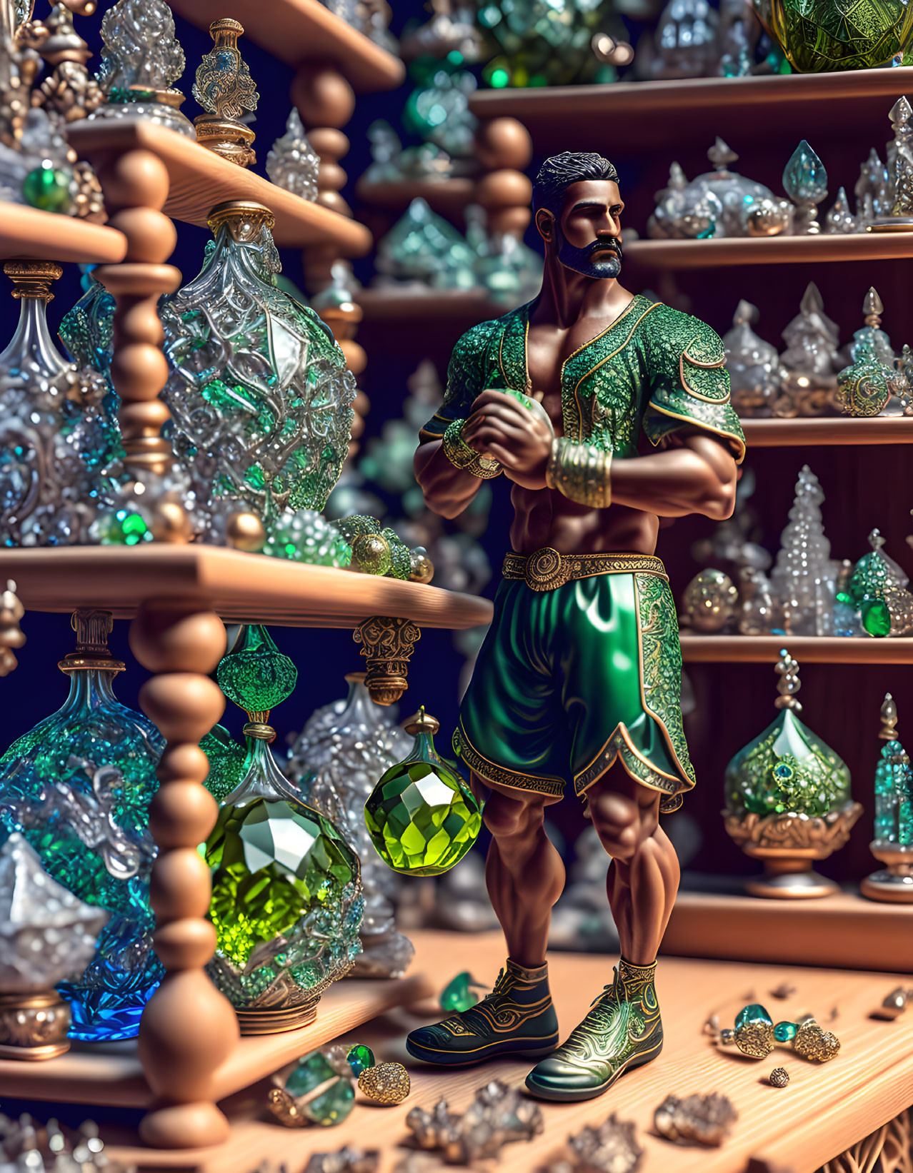 Muscular bearded man in ornate green clothing among shelves of glass objects with green gemstone.