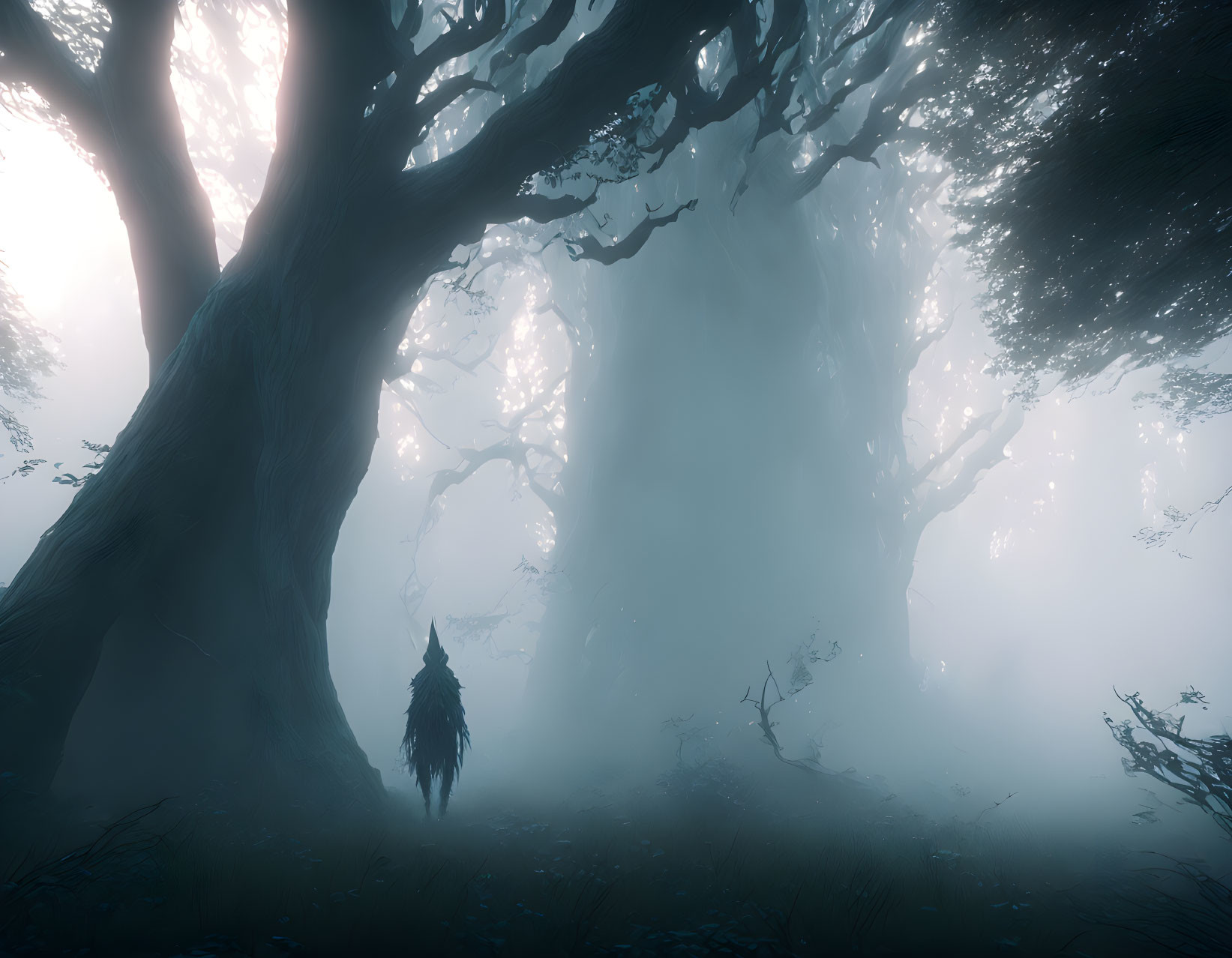 Mystical forest with fog, ethereal light, lone figure, ancient trees