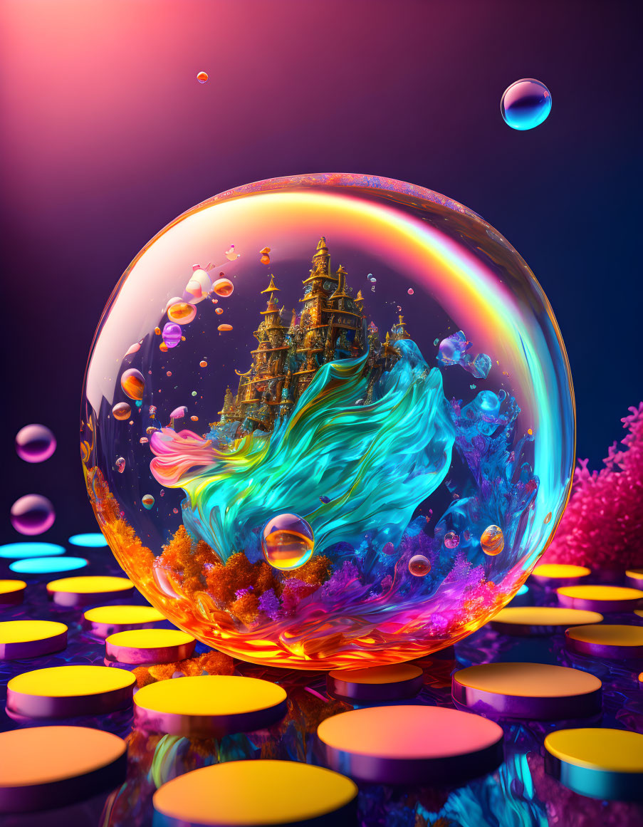 Colorful Digital Art of Aquatic Scene in Transparent Sphere