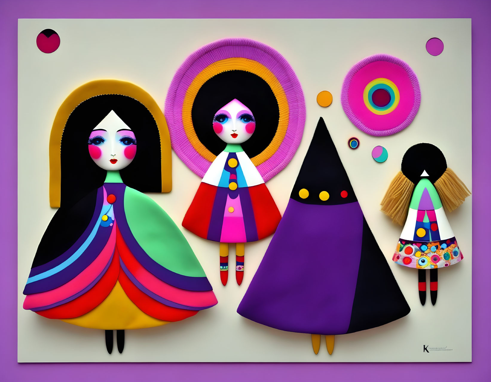 Vibrant artwork of stylized figures with bold eyes and geometric attire on circular and elliptical shapes