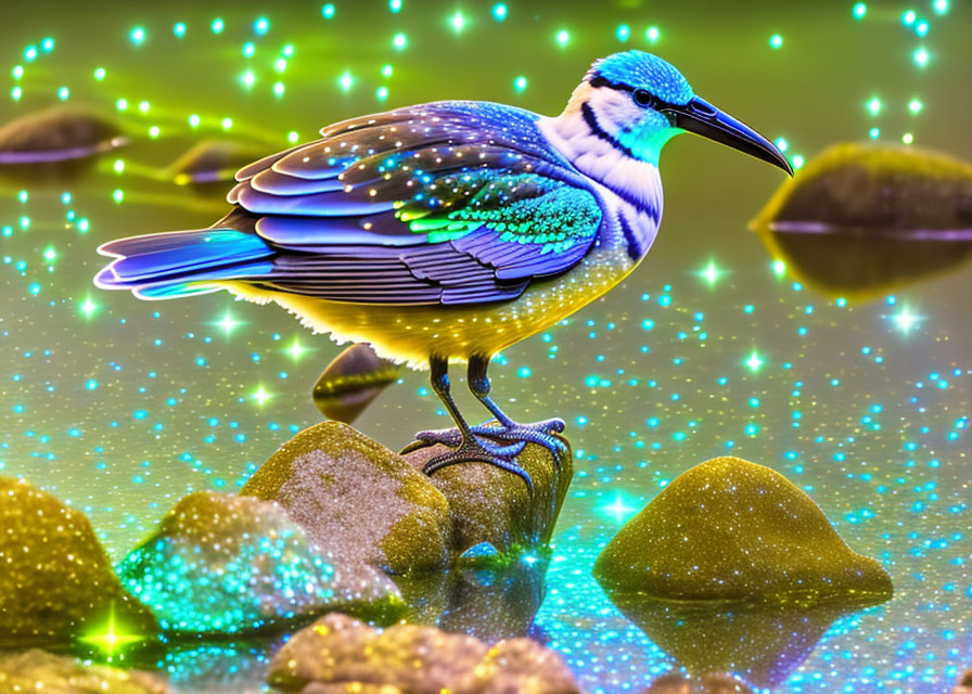 Digitally enhanced bird with teal and gold plumage on rock in glowing water.