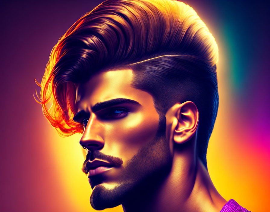 Man with Stylish Pompadour Haircut and Beard in Vibrant Backlighting