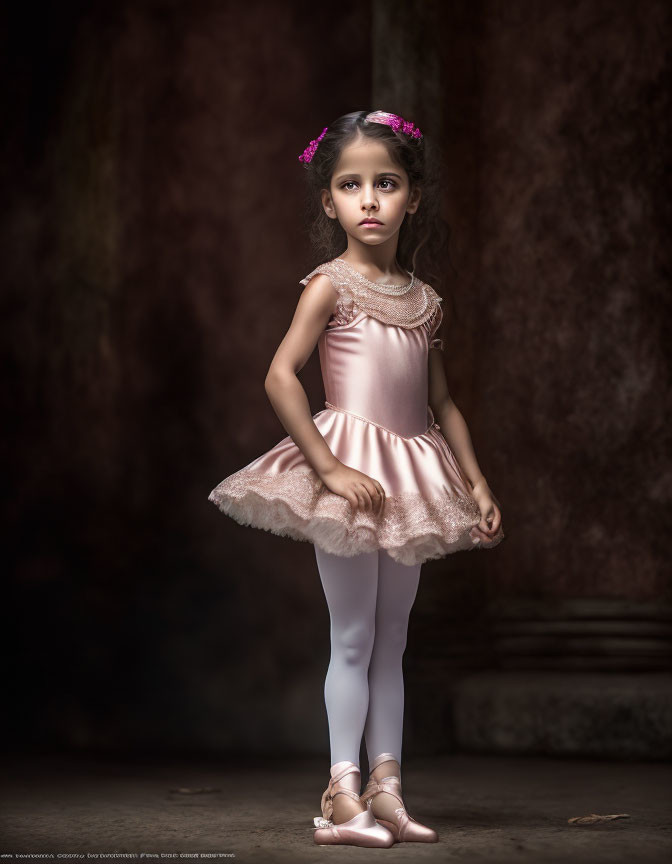 Young girl in pink ballet outfit and flowers in hair posing gracefully