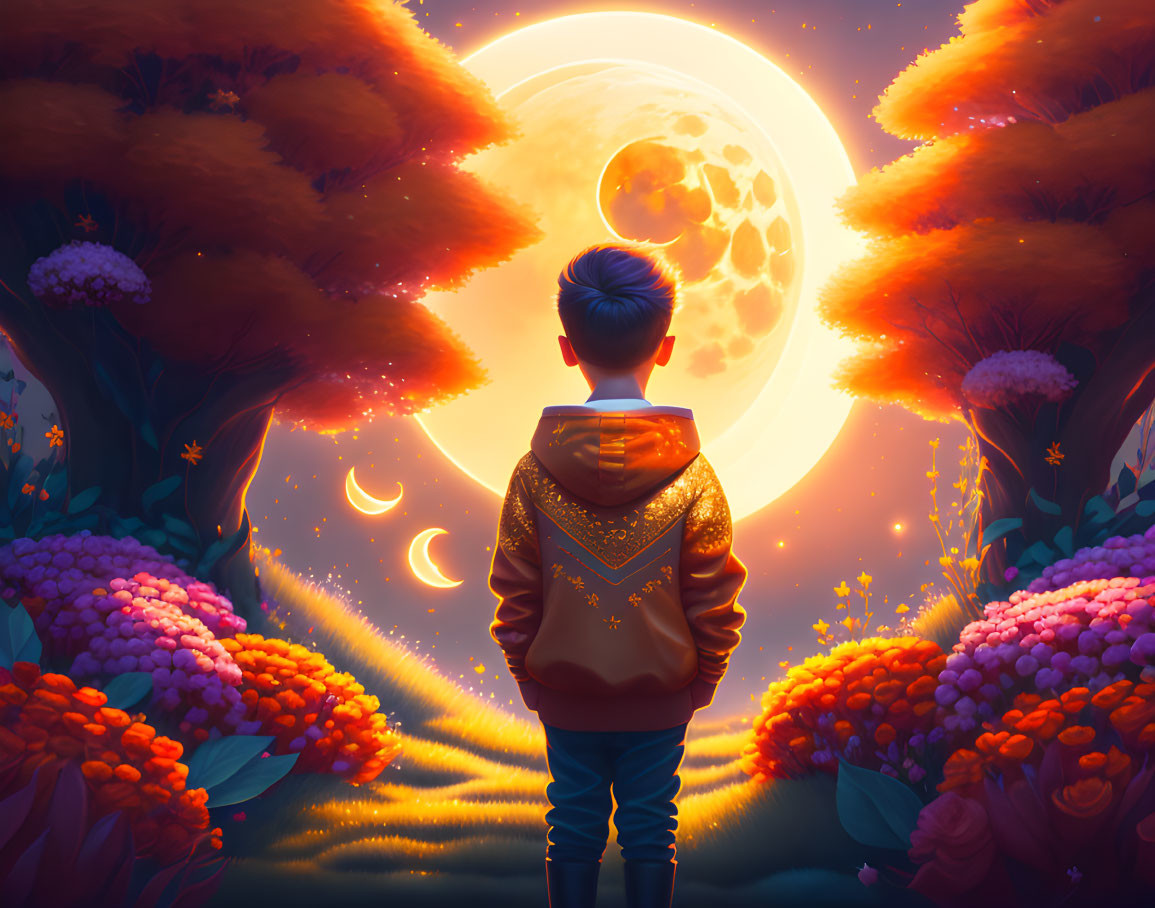 Boy mesmerized by large moon in vibrant twilight scene