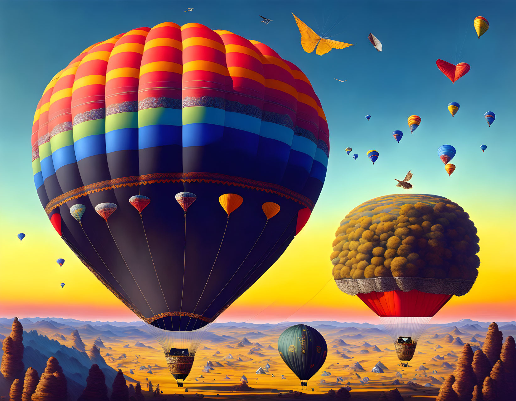 Vibrant hot air balloons in sunset sky with birds, butterfly, and island balloon