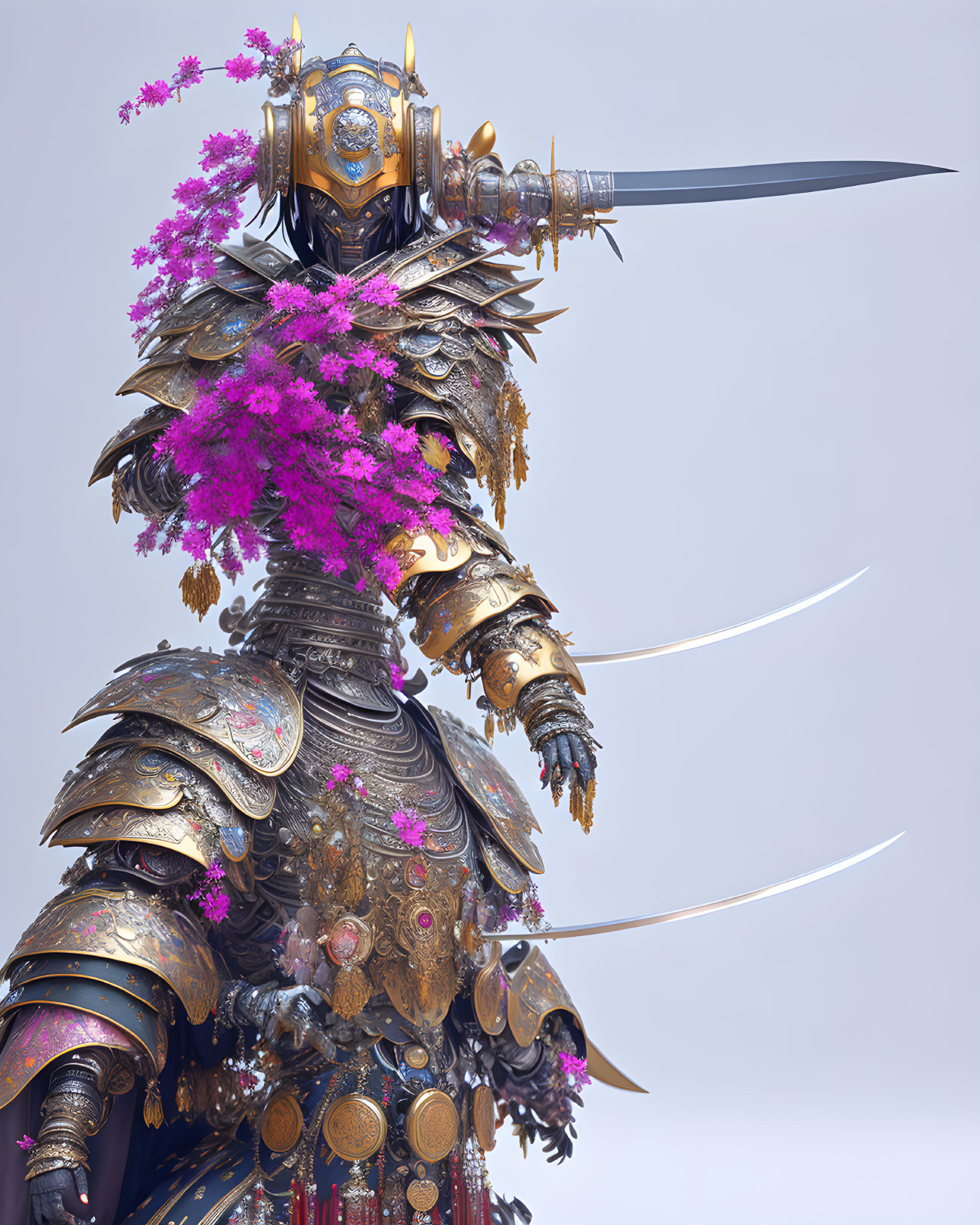 Detailed Dark Armor Knight with Gold and Purple Accents and Pink Flowers