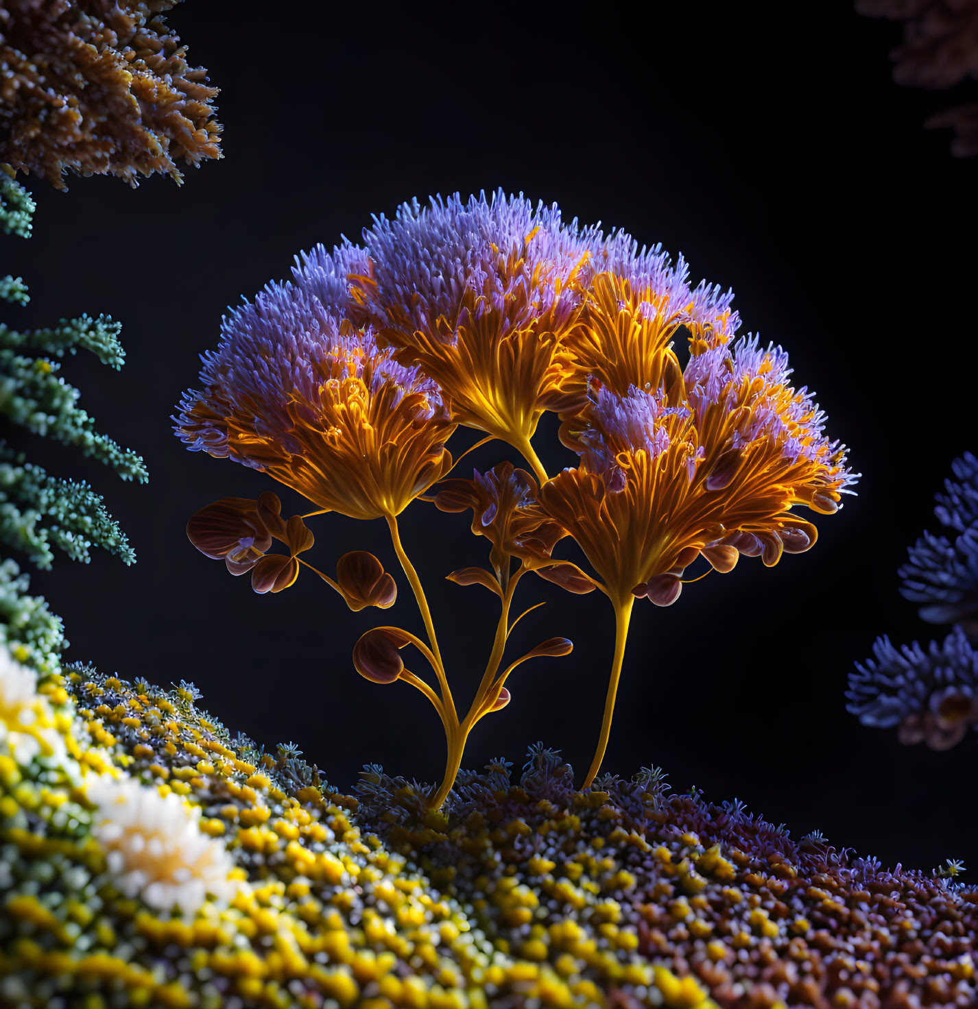 Colorful Coral Reef Featuring Golden Blooming Flower Cluster